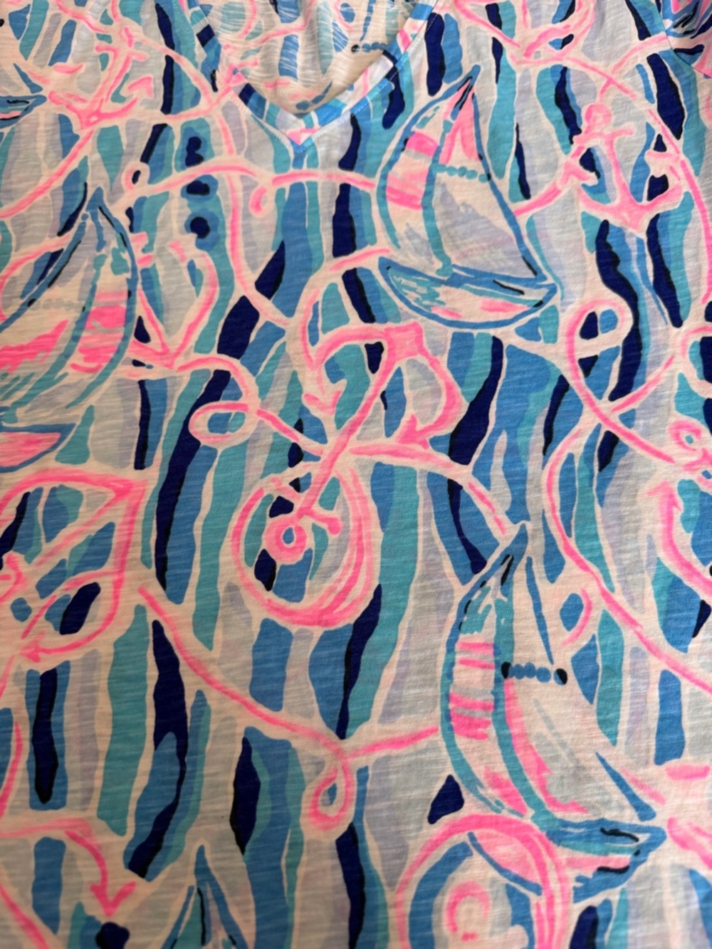 Lilly Pulitzer Etta Vibrant Blue & Pink V-Neck Pullover Tee - Picture 3 of 3